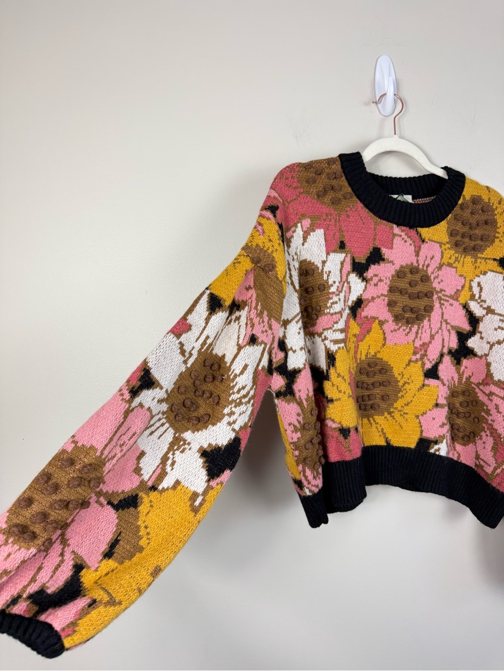 Farm Rio Sweater Women XL Floral Embroidered Sunflower Pom Pom Pink Brown Yellow - Picture 5 of 11